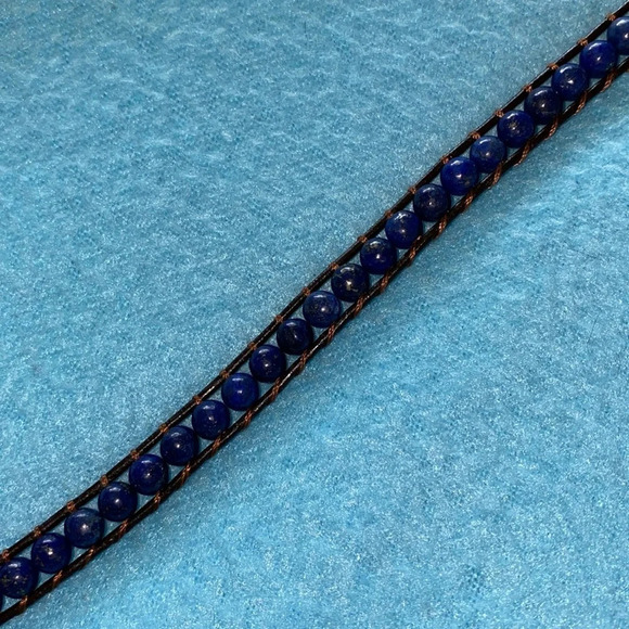 BBJ Lapis Lazuli Wrist wrap bracelet weaved in leather strips boho size OSFA - Picture 3 of 8